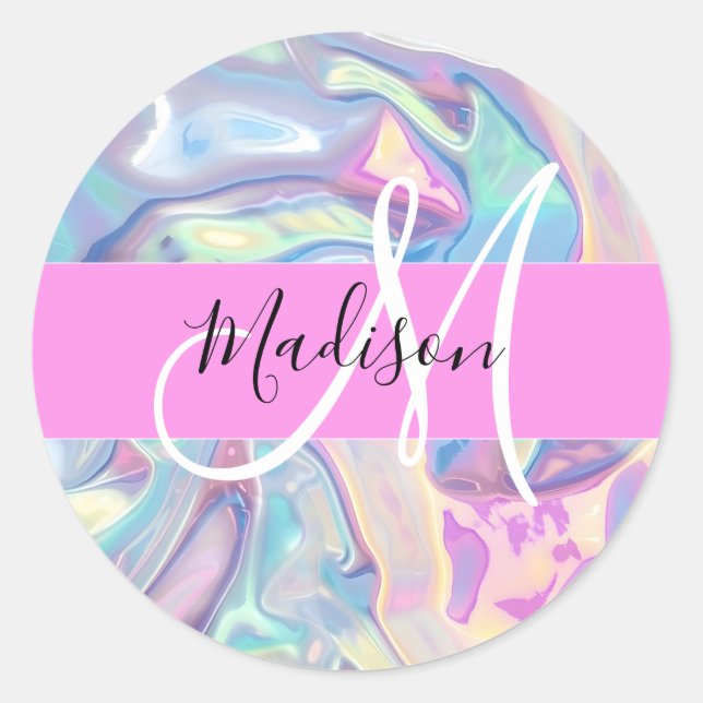 Girly Pink Holographic Iridescent Monogram Name Classic Round Sticker (Front)