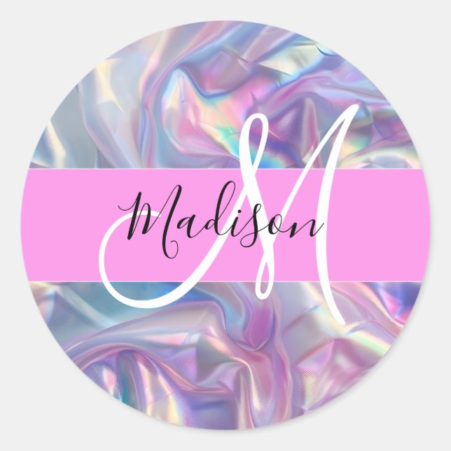 Girly Pink Holographic Iridescent Monogram Name Classic Round Sticker (Front)
