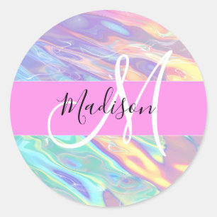 Girly Pink Holographic Iridescent Monogram Name Classic Round Sticker