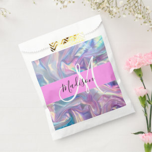 Girly Pink Holographic Iridescent Monogram Name Favour Bag