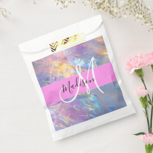 Girly Pink Holographic Iridescent Monogram Name Favour Bag