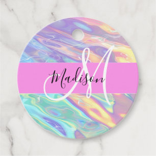 Girly Pink Holographic Iridescent Monogram Name Favour Tags
