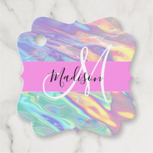 Girly Pink Holographic Iridescent Monogram Name Favour Tags