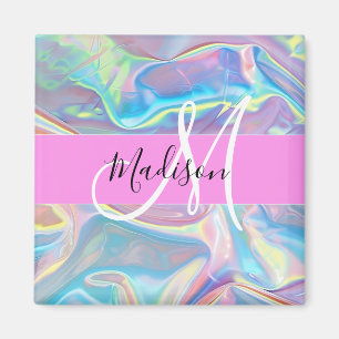 Girly Pink Holographic Iridescent Monogram Name Magnet