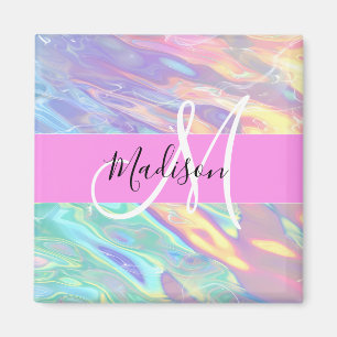 Girly Pink Holographic Iridescent Monogram Name Magnet