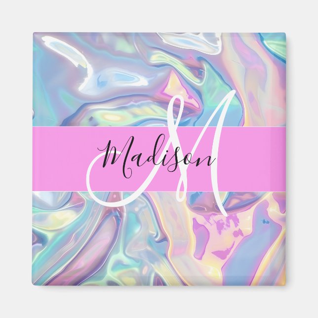 Girly Pink Holographic Iridescent Monogram Name Magnet (Front)