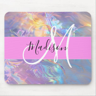 Girly Pink Holographic Iridescent Monogram Name Mouse Pad