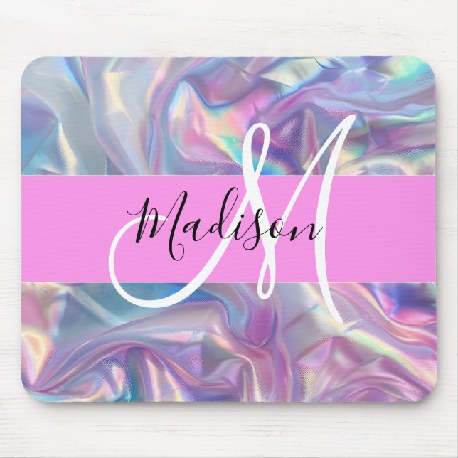 Girly Pink Holographic Iridescent Monogram Name Mouse Pad (Front)