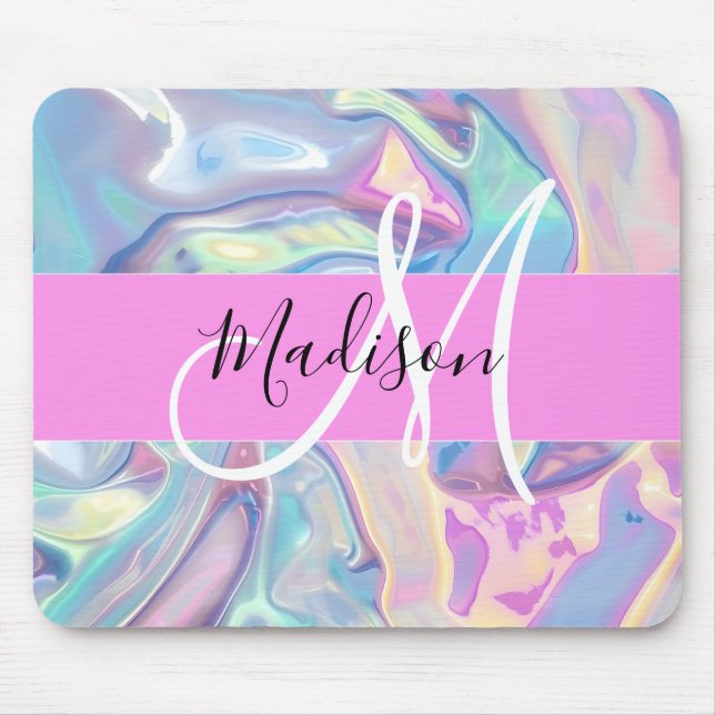 Girly Pink Holographic Iridescent Monogram Name Mouse Pad (Front)