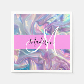 Girly Pink Holographic Iridescent Monogram Name Napkin