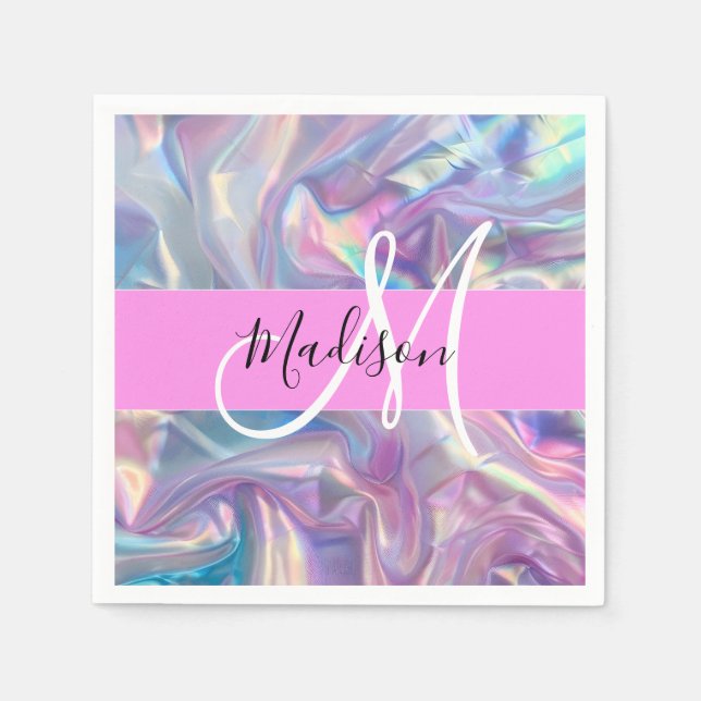 Girly Pink Holographic Iridescent Monogram Name Napkin (Front)
