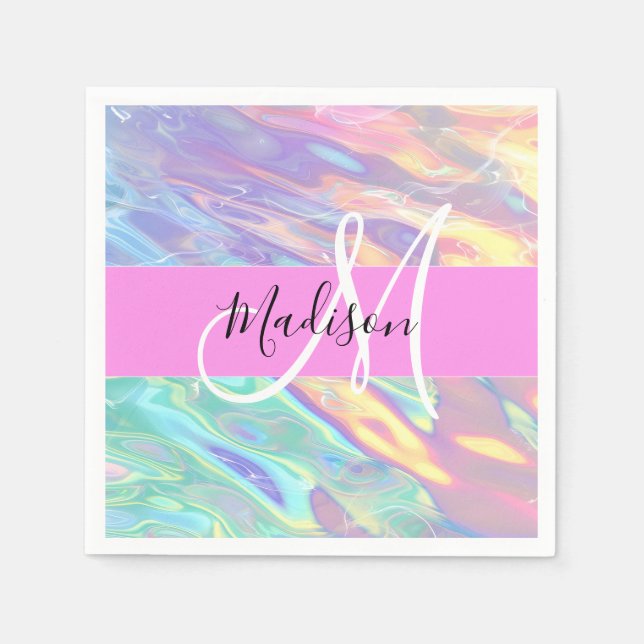 Girly Pink Holographic Iridescent Monogram Name Napkin (Front)