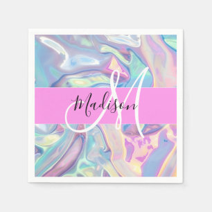 Girly Pink Holographic Iridescent Monogram Name Napkin