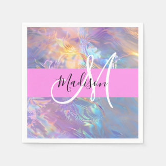 Girly Pink Holographic Iridescent Monogram Name Napkin