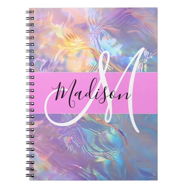 Girly Pink Holographic Iridescent Monogram Name Notebook (Front)