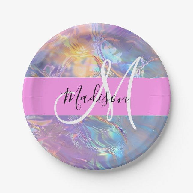 Girly Pink Holographic Iridescent Monogram Name Paper Plate (Front)