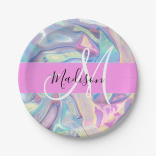 Girly Pink Holographic Iridescent Monogram Name Paper Plate