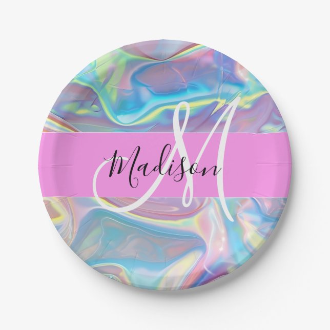 Girly Pink Holographic Iridescent Monogram Name Paper Plate (Front)