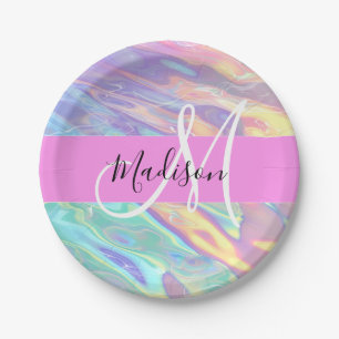 Girly Pink Holographic Iridescent Monogram Name Paper Plate