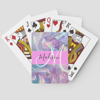 Girly Pink Holographic Iridescent Monogram Name Playing Cards
