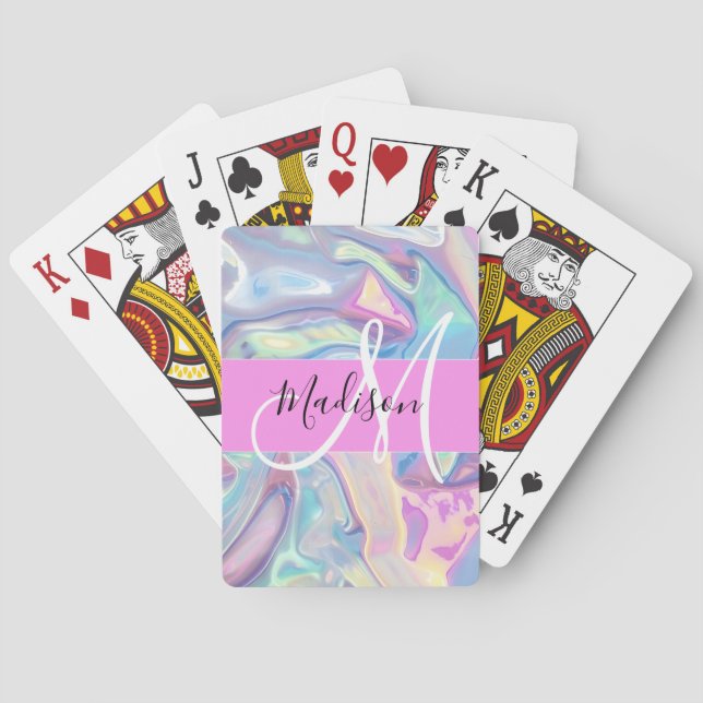 Girly Pink Holographic Iridescent Monogram Name Playing Cards (Back)