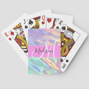 Girly Pink Holographic Iridescent Monogram Name Playing Cards
