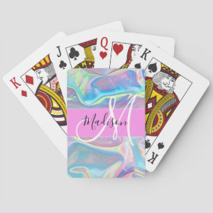 Girly Pink Holographic Iridescent Monogram Name Playing Cards