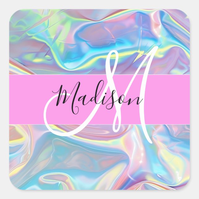 Girly Pink Holographic Iridescent Monogram Name Square Sticker (Front)