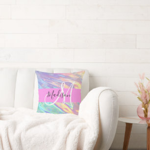 Girly Pink Holographic Iridescent Monogram Name Throw Pillow