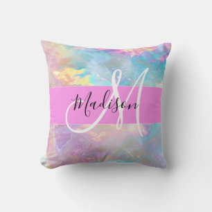 Girly Pink Holographic Iridescent Monogram Name Throw Pillow
