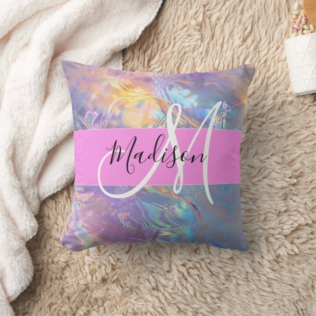 Girly Pink Holographic Iridescent Monogram Name Throw Pillow (Blanket)