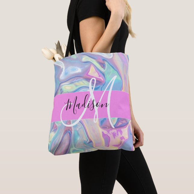 Girly Pink Holographic Iridescent Monogram Name Tote Bag (Close Up)