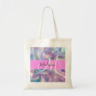 Girly Pink Holographic Iridescent Monogram Name Tote Bag