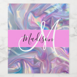 Girly Pink Holographic Iridescent Monogram Name Wine Label