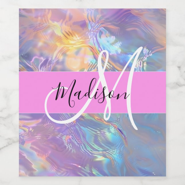 Girly Pink Holographic Iridescent Monogram Name Wine Label (Single Label)