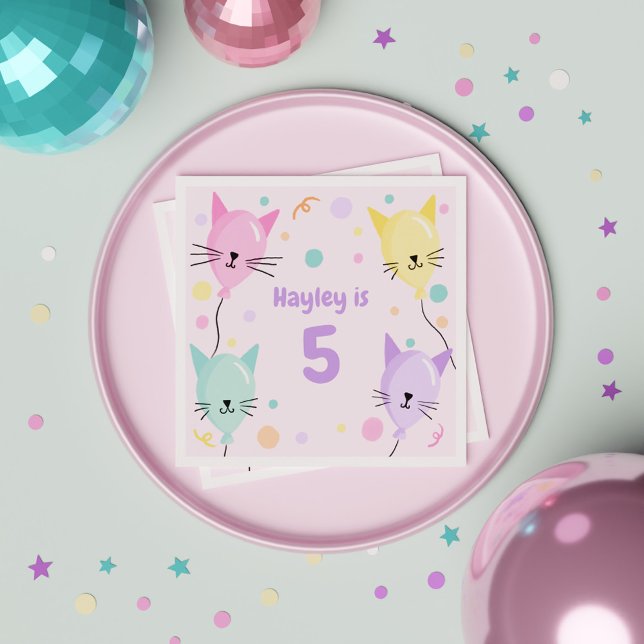 Girly Pink Kitten Cat Balloon Kids Birthday Party Napkin (Girly Pink Kitten Cat Balloon Kids Birthday Party Napkins)