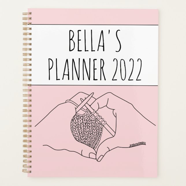 Girly Pink Knitting Heart Hands Drawing Planner (Front)