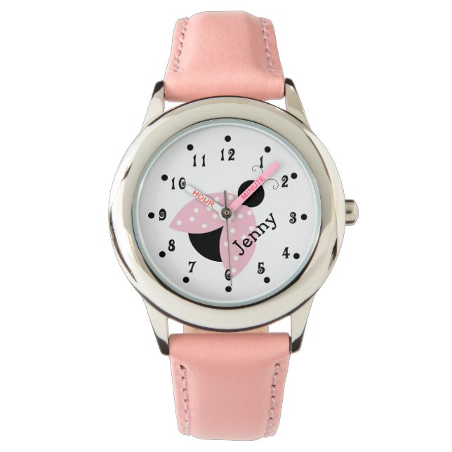Girly Pink Ladybug Girl's Custom Watch (Front)