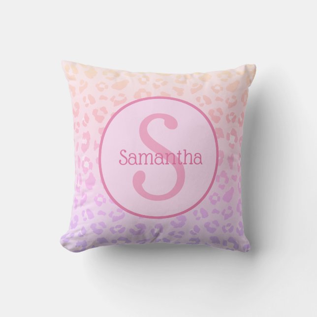 Girly Pink Leopard Print Personalized Monogram Throw Pillow (Front)