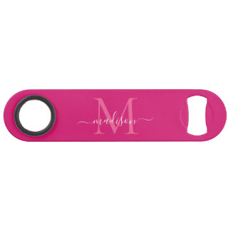 Girly Pink Magenta White Monogram Elegant Script Bar Key