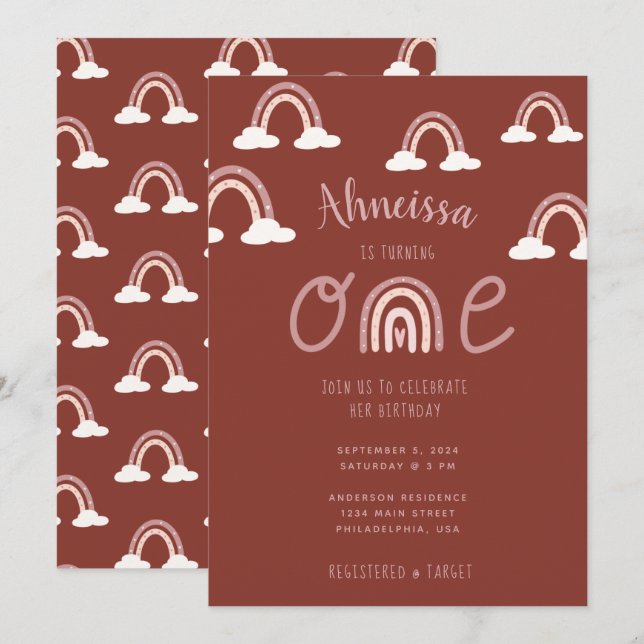 Girly Pink Maroon Rainbow Clouds First Birthday Invitation (Front/Back)