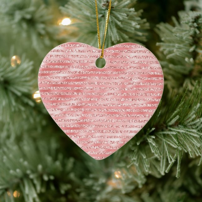 Girly Pink Melon Glitter Stripes Ceramic Ornament (Tree)