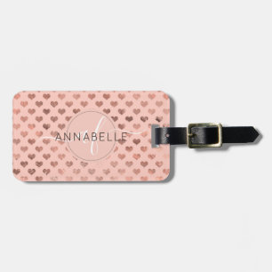 Girly Pink Metallic Copper Hearts Script Monogram Luggage Tag