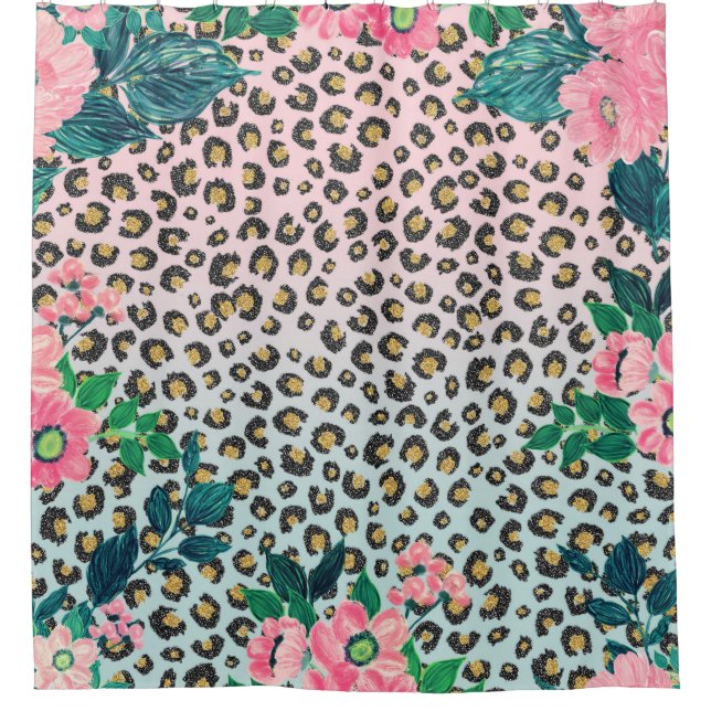 Girly Pink Mint Ombre Floral Glitter Leopard Print (Front)