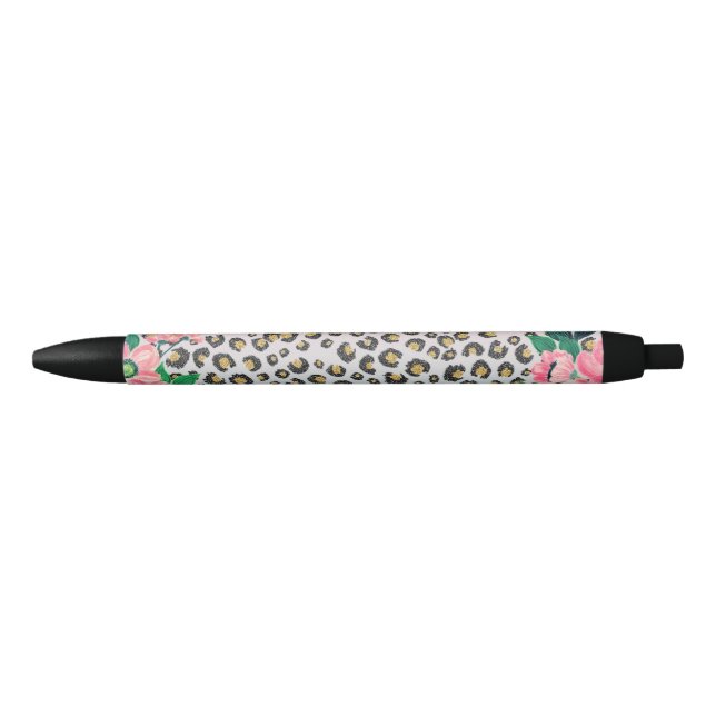 Girly Pink Mint Ombre Floral Glitter Leopard Print Black Ink Pen (Front)