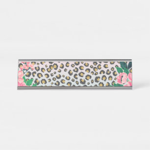 Girly Pink Mint Ombre Floral Glitter Leopard Print Desk Name Plate