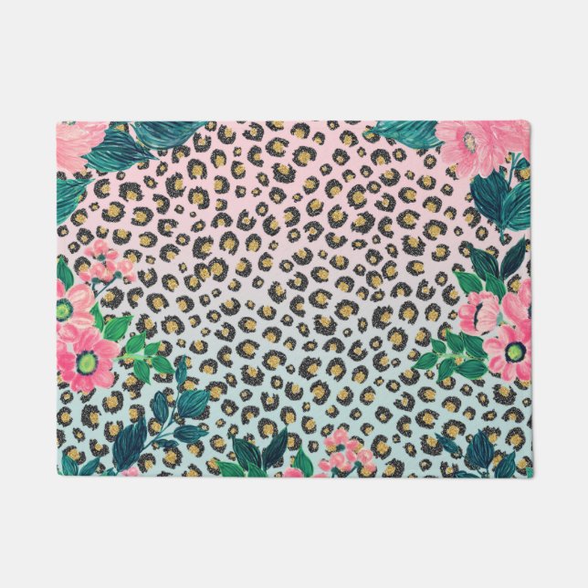Girly Pink Mint Ombre Floral Glitter Leopard Print Doormat (Front)