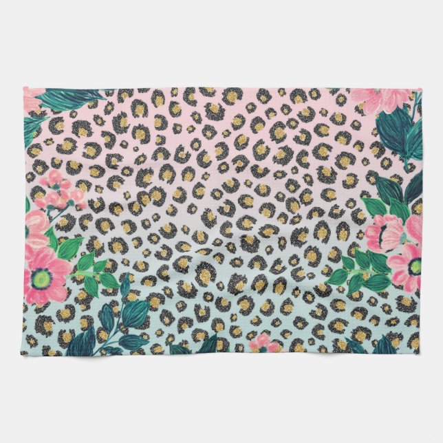 Girly Pink Mint Ombre Floral Glitter Leopard Print Kitchen Towel (Horizontal)