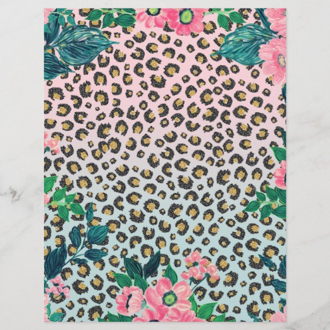 Girly Pink Mint Ombre Floral Glitter Leopard Print Letterhead (Front)