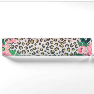 Girly Pink Mint Ombre Floral Glitter Leopard Print Nameplate